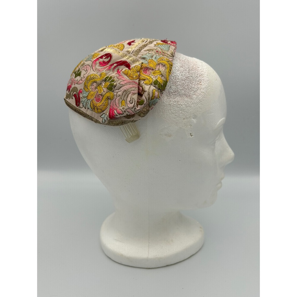 Vintage Jo Bailey Hats Embroidered Floral Pillbox Fascinator Gold Metallic Pink - Picture 5 of 13